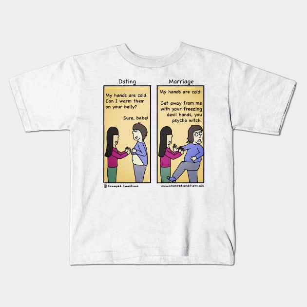 Dating vs Marriage Kids T-Shirt by crampedconditions